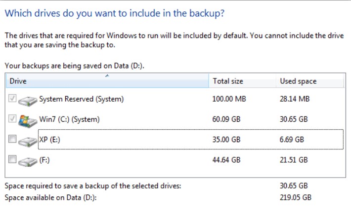 drives to include in the backup