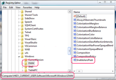 enable aero peek registery win7