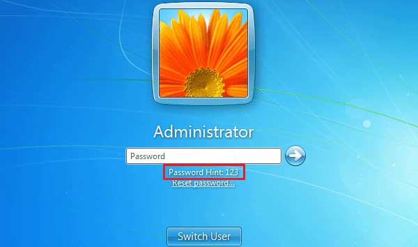 try password hint to find win 7 admin password