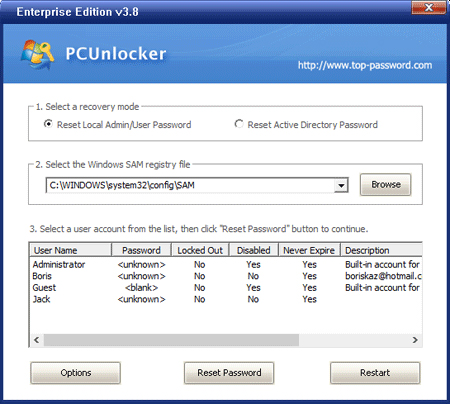 pcunlocker reset password