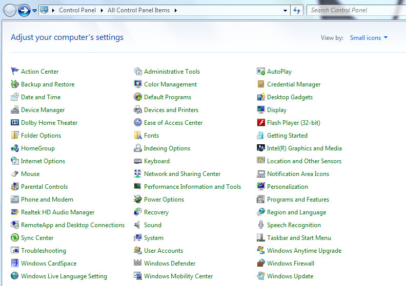 windows 7 control panel