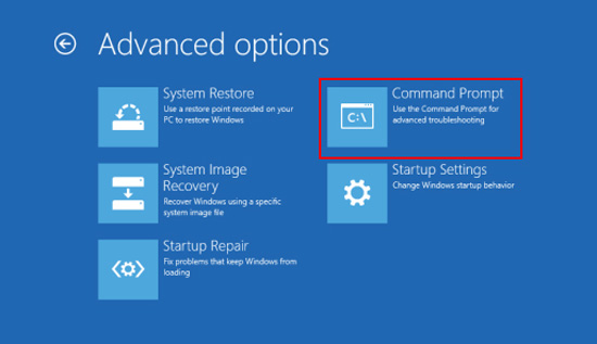 choose command prompt in advanced options for windows 7 admin password reset