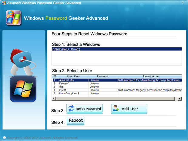 asunsoft windows password geeker