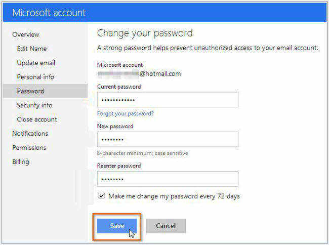 change microsoft password