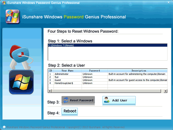 isunshare windows password genius