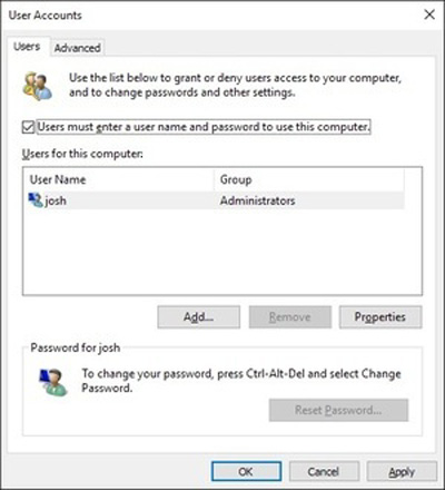 netplwiz users tab