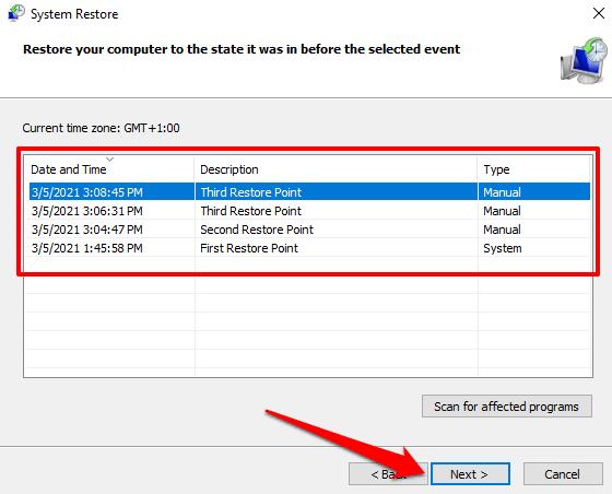 choose restore point