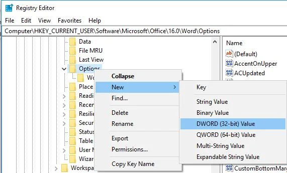 creare un nuovo valore dword