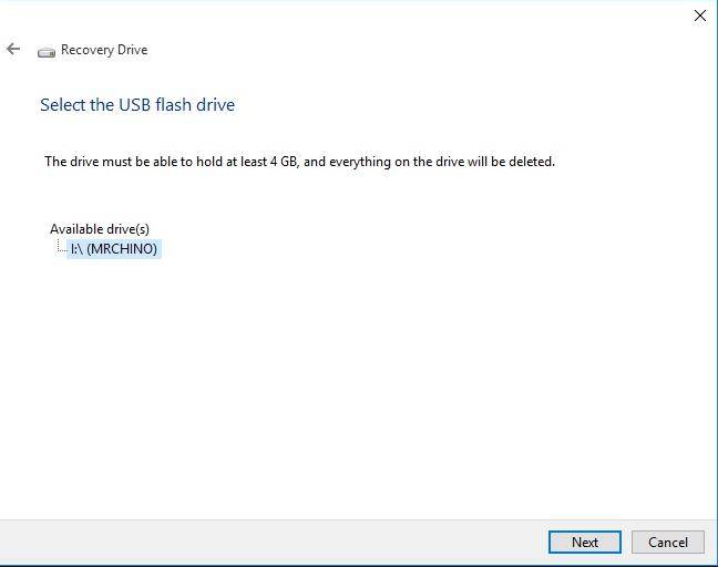 choose a usb drive to create recovery drive