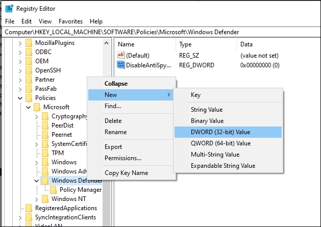 tasto destro su windows defender