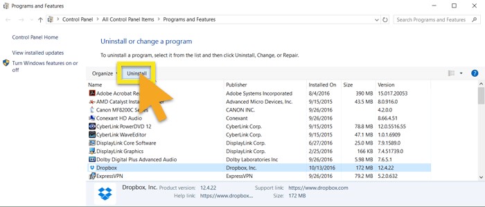 uninstall dropbox