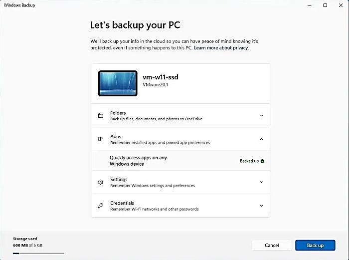 windows 11 23h2 and windows backup