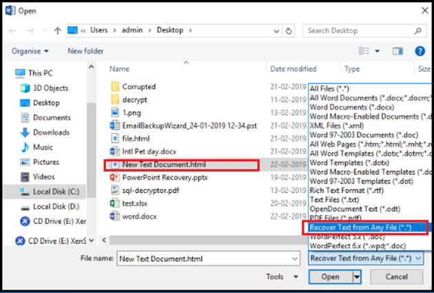 how do i open a file with text recovery converter