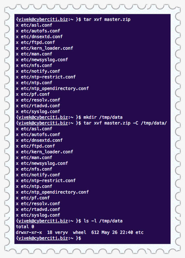 unzip zip file linux using tar